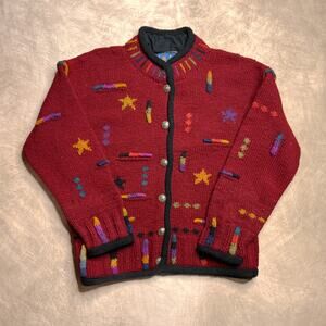 Vintage 90s Newari Embroidered Geometric Star Cardigan Sweater Knit Wool Boho